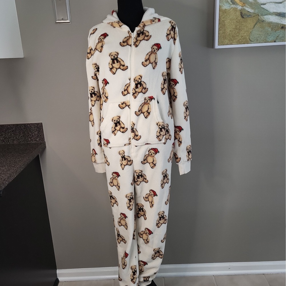 Forever 21 Womens M Teddy Bear Fleece Hooded Union Suit Pajamas Christmas
